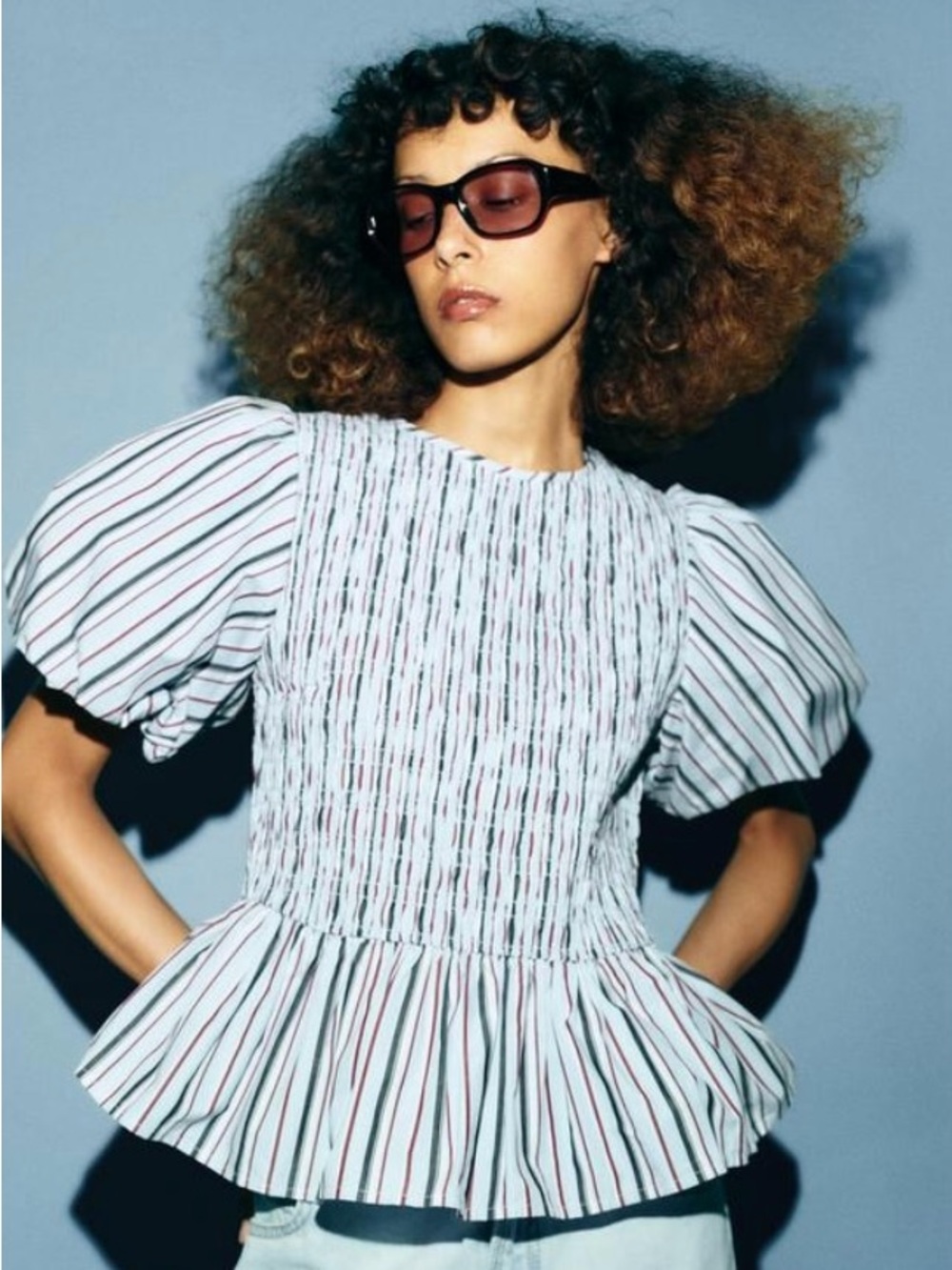 Zara Light Blue Striped Smocked Puff-Sleeve Peplum Top